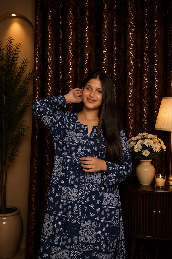 Aaraish_Women_Navy_Blue_Ethnic_Printed_Kurta_Co-Ord_Set