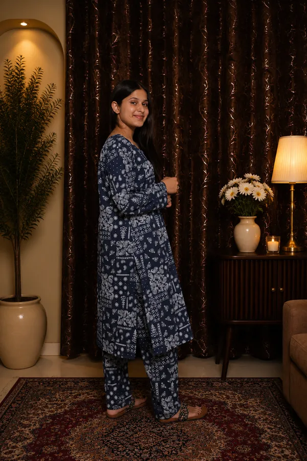 Aaraish_Women_Navy_Blue_Ethnic_Printed_Kurta_Co-Ord_Set
