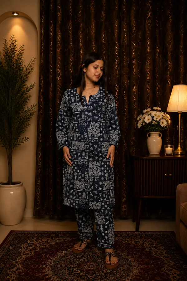 Aaraish_Women_Navy_Blue_Ethnic_Printed_Kurta_Co-Ord_Set