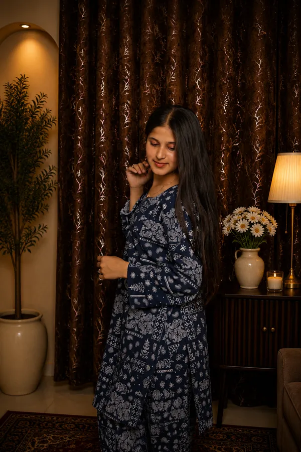 Aaraish_Women_Navy_Blue_Ethnic_Printed_Kurta_Co-Ord_Set