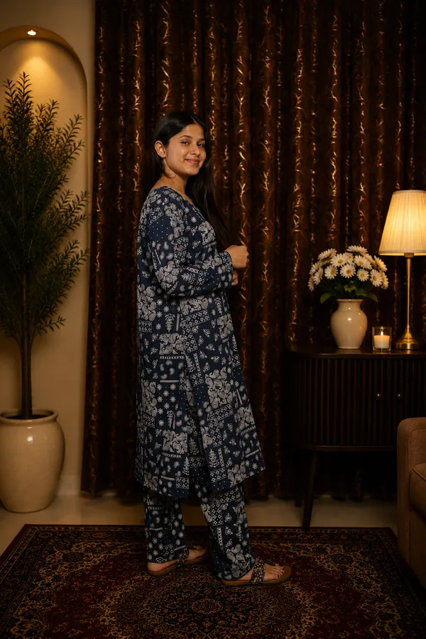 Aaraish_Women_Navy_Blue_Ethnic_Printed_Kurta_Co-Ord_Set