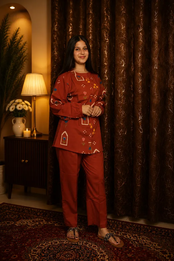 Aaraish_Women_Rust_Red_Ethnic_Printed_Kurta_Co-Ord_Set