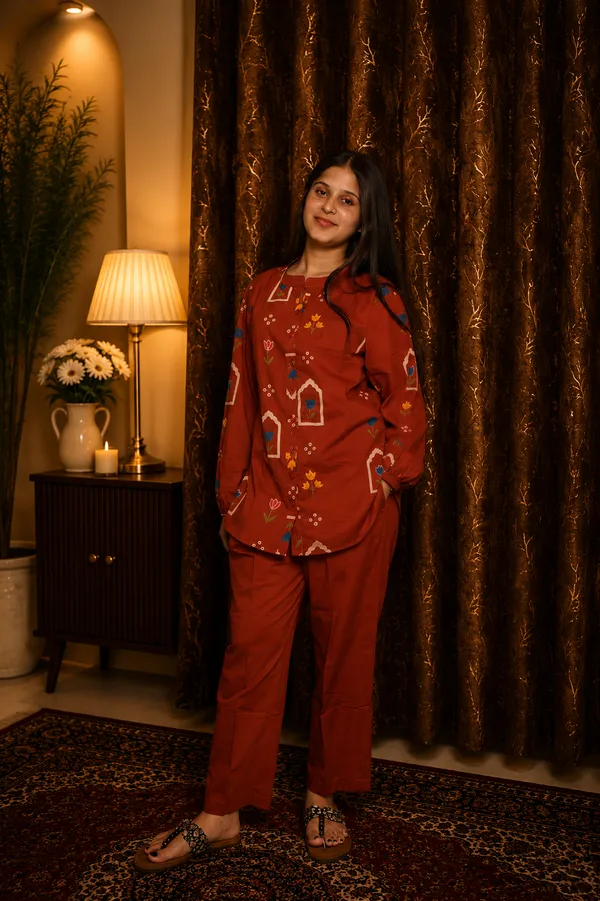 Aaraish_Women_Rust_Red_Ethnic_Printed_Kurta_Co-Ord_Set