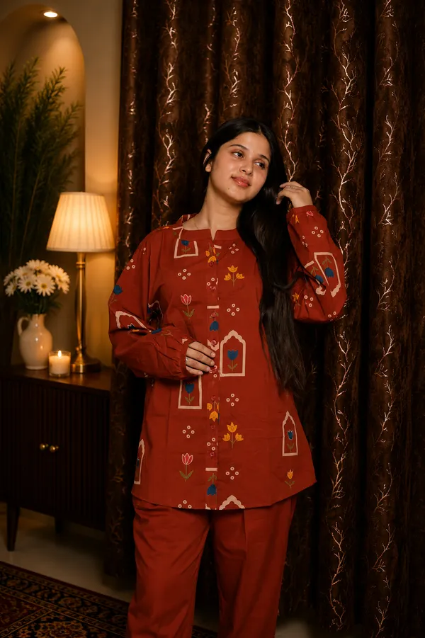 Aaraish_Women_Rust_Red_Ethnic_Printed_Kurta_Co-Ord_Set