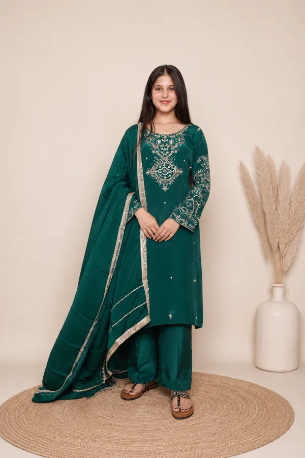 Bottle_Green_Organza_Embroidered_Palazzo_Suit_Set_For_Women