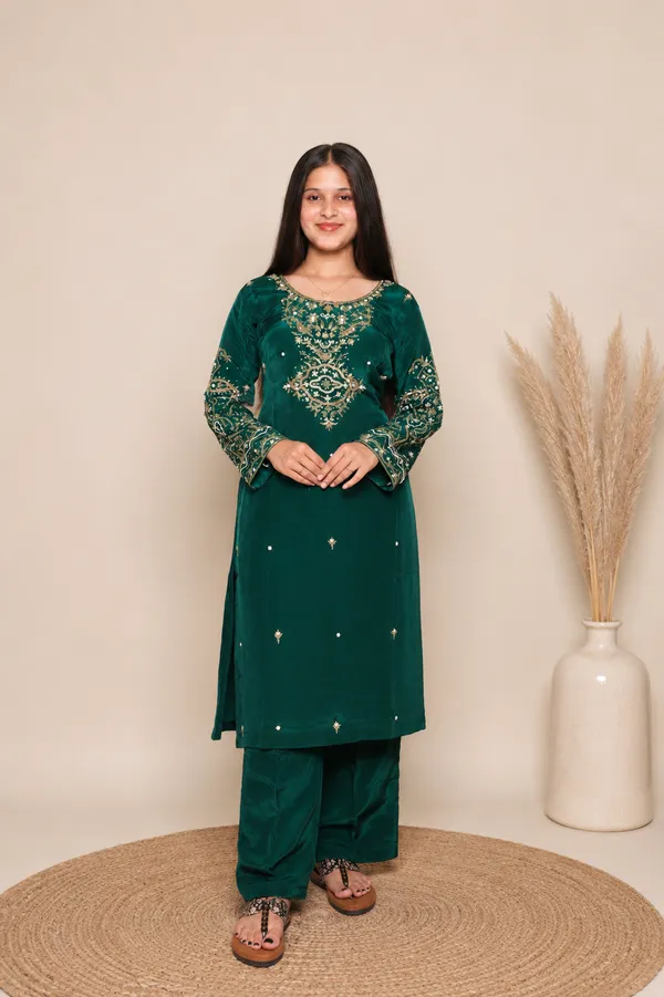Bottle_Green_Organza_Embroidered_Palazzo_Suit_Set_For_Women