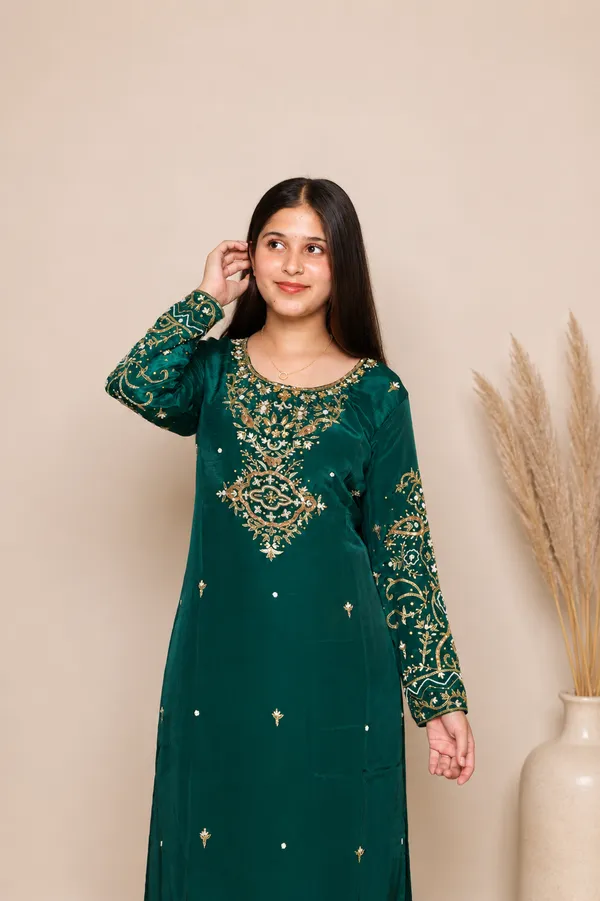 Bottle_Green_Organza_Embroidered_Palazzo_Suit_Set_For_Women