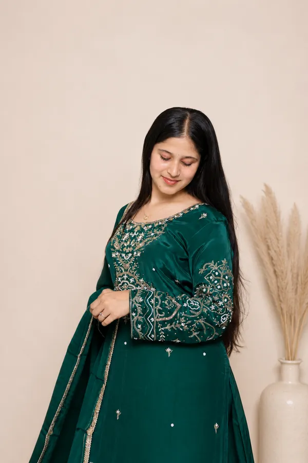 Bottle_Green_Organza_Embroidered_Palazzo_Suit_Set_For_Women
