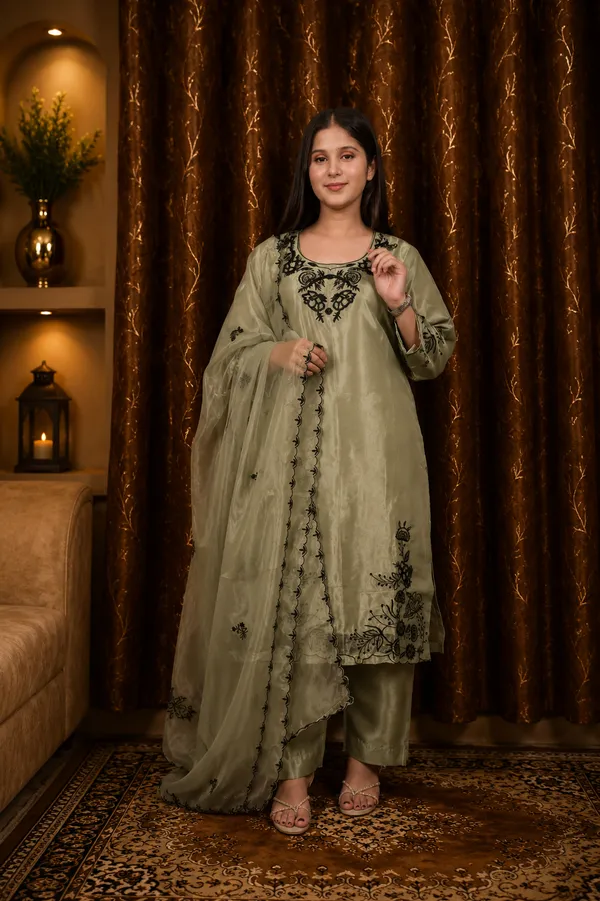 Olive_Green_Organza_Embroidered_Salwar_Suit_Set_For_Women