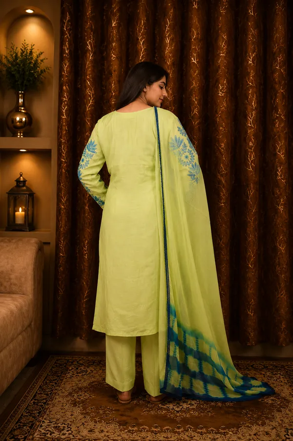 Women_Lime_Green_Floral_Printed_Straight_Kurta_with_Trousers_&_Dupatta_Set