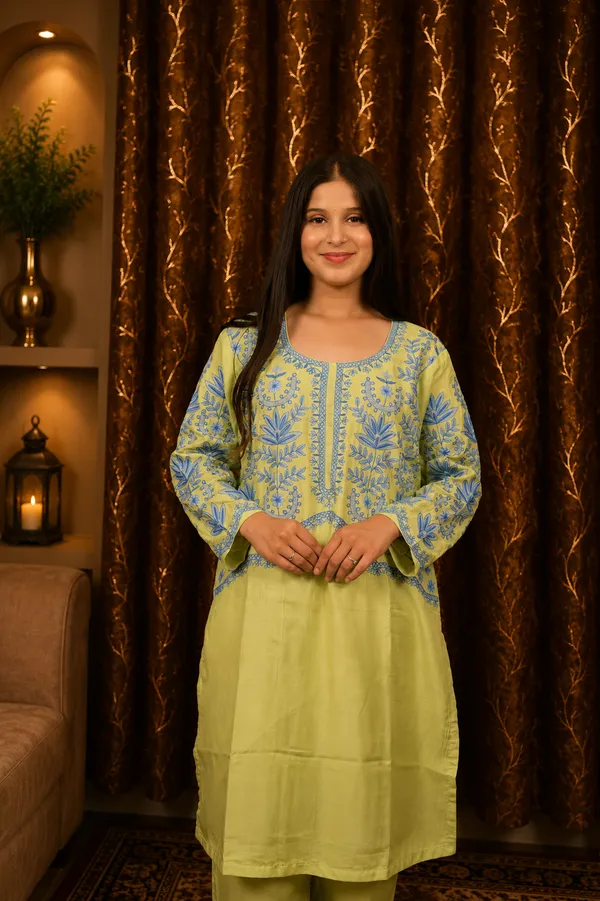 Women_Lime_Green_Floral_Printed_Straight_Kurta_with_Trousers_&_Dupatta_Set