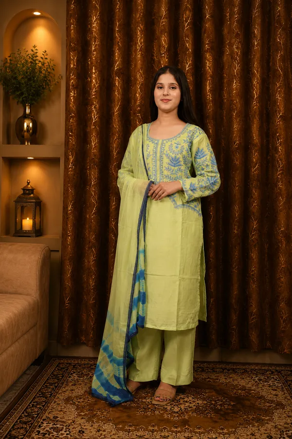Women_Lime_Green_Floral_Printed_Straight_Kurta_with_Trousers_&_Dupatta_Set