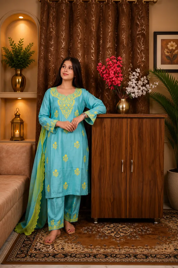 Women_Turquoise_Blue_Floral_Embroidered_Maslin_Cotton_Blend_Straight_Kurta_Set_with_Trousers_&_Dupatta