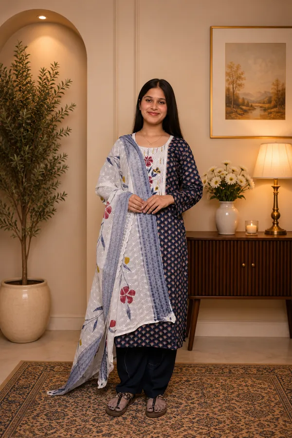 Navy_Blue_Cotton_Printed_Embroidered_Kurta_Set_For_Women