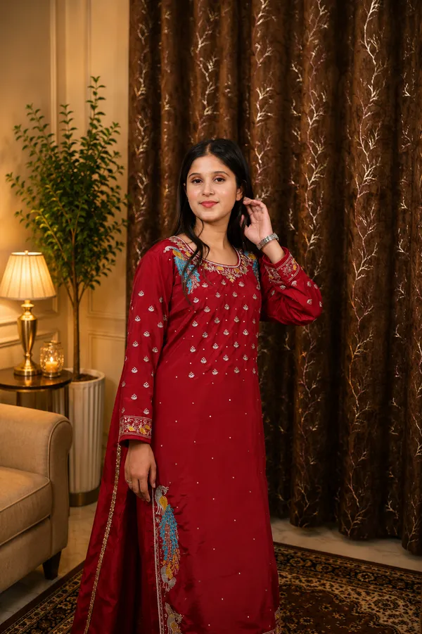Burgundy_Crape_Embroidered_Straight_Suit_Set_For_Women