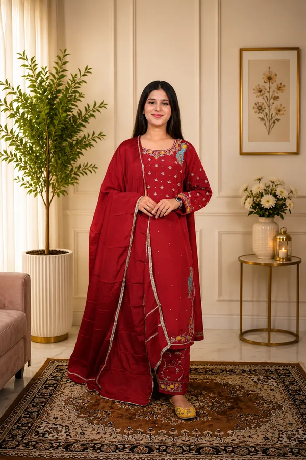 Burgundy_Crape_Embroidered_Straight_Suit_Set_For_Women