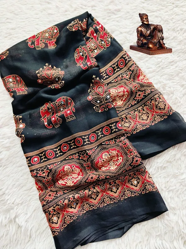 Ajrakh_mirror_work_Satin_Crepe_sarees