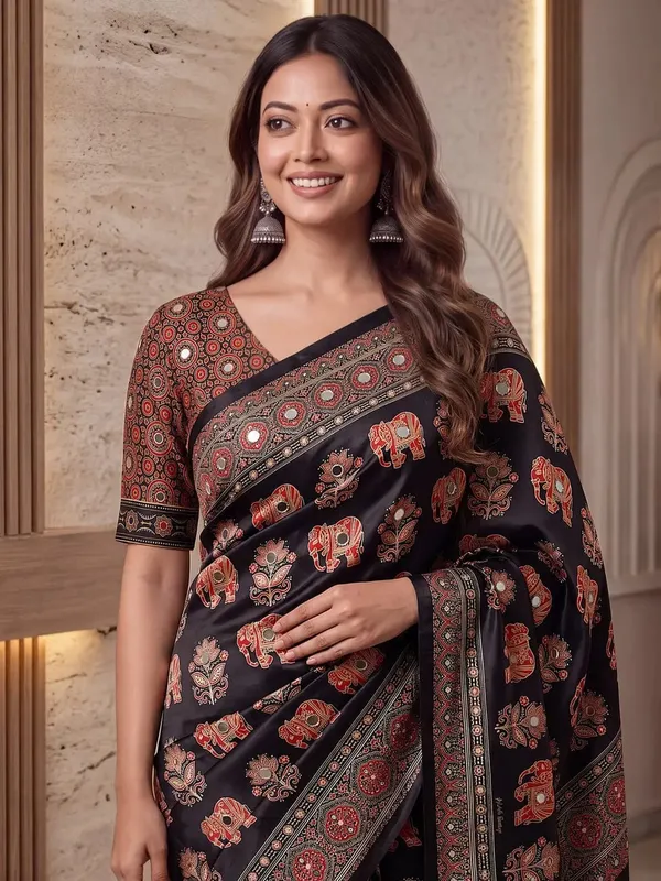 Ajrakh_mirror_work_Satin_Crepe_sarees
