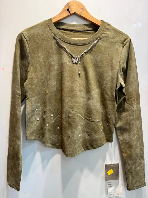 Olive_Green_Long_Sleeve_Embellished_Crop_Top_For_Women