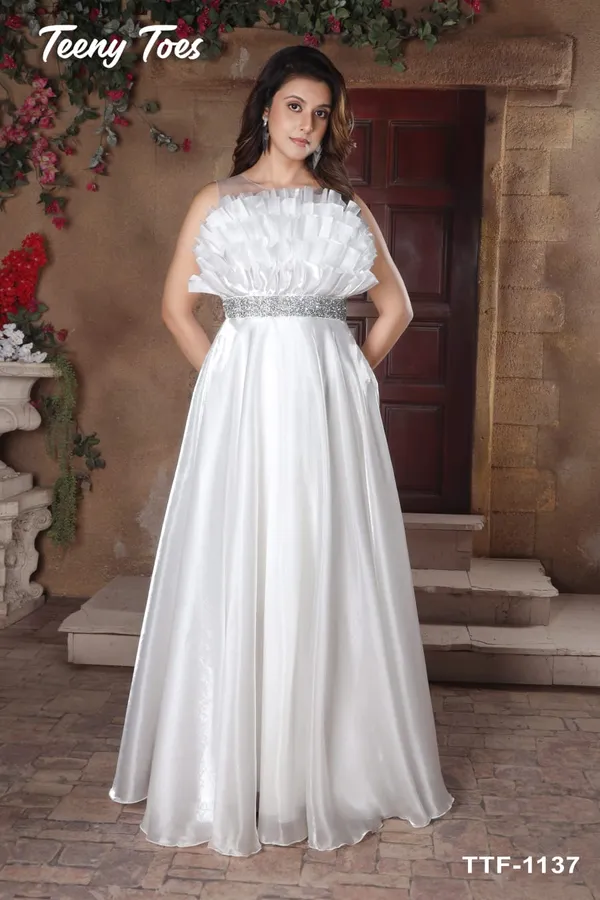 White_Satin_Strapless_Embellished_Waist_Gown_For_Women