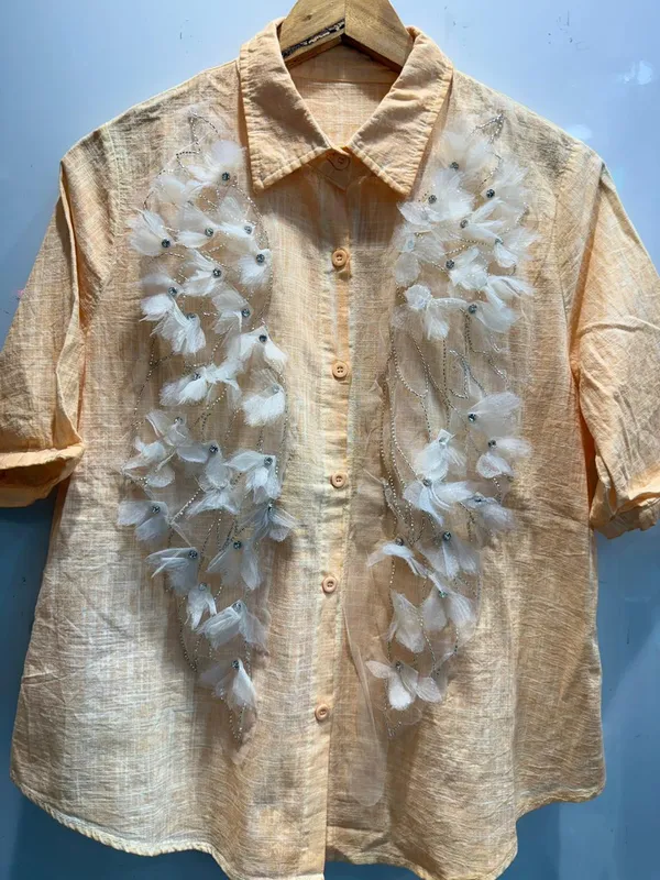 Beige_Embellished_Floral_Short_Sleeve_Shirt_For_Women