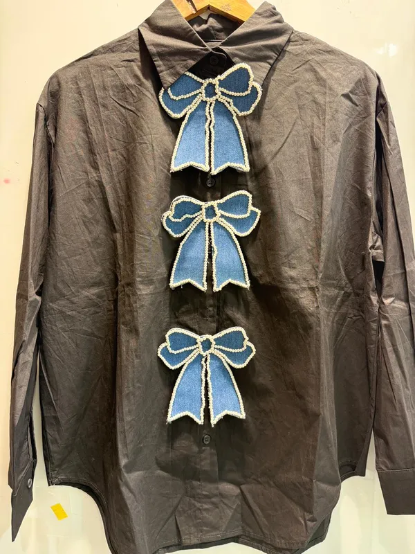 Grey_Cotton_Shirt_With_Blue_Bow_Appliques_For_Women