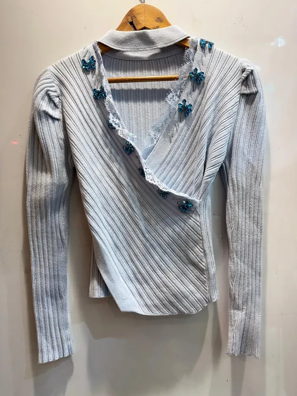 Grey_Ribbed_Floral_Embellished_Wrap_Top_For_Women