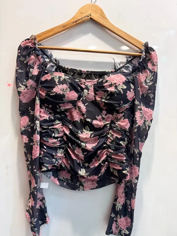Black_Floral_Ruched_Off_Shoulder_Top_For_Women