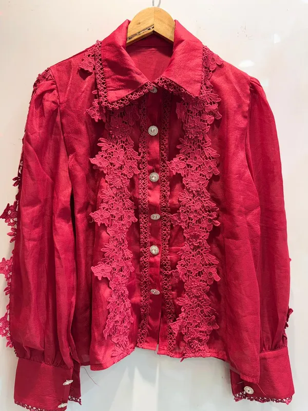 Red_Embroidered_Long_Sleeve_Shirt_For_Women