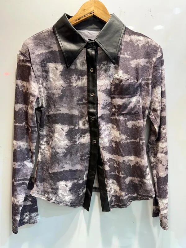 Grey_Tie_Dye_Print_Full_Sleeve_Shirt_With_Faux_Leather_Accents_For_Women