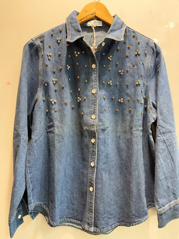 Blue_Denim_Embellished_Button_Down_Shirt_For_Women