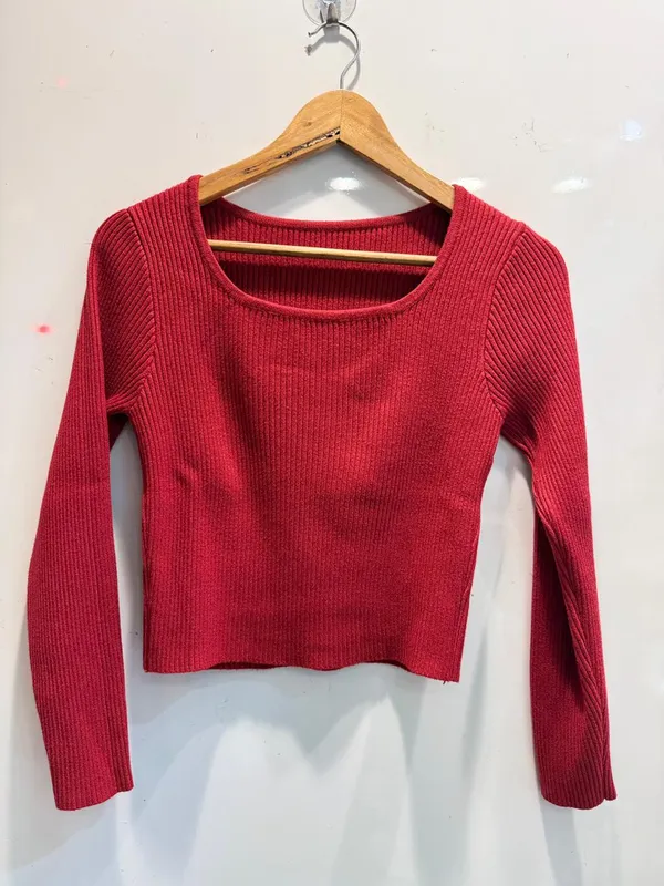 Red_Ribbed_Knit_Long_Sleeve_Top_For_Women