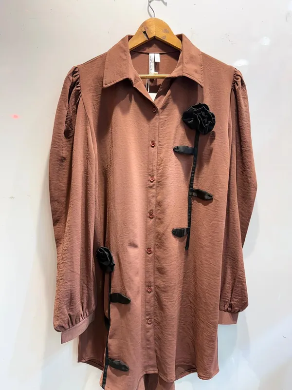 Brown_Satin_Shirt_Dress_With_Black_Floral_Embellishments