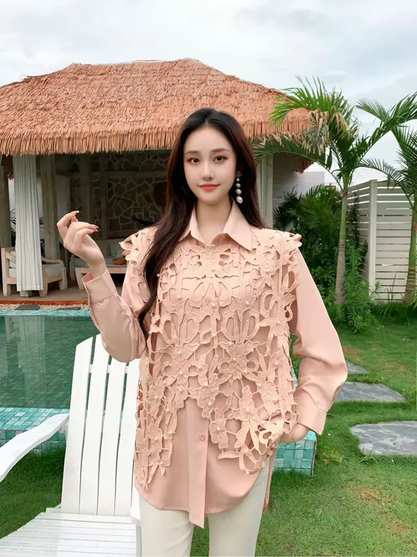 Peach_Floral_Lace_Overlay_Shirt_For_Women
