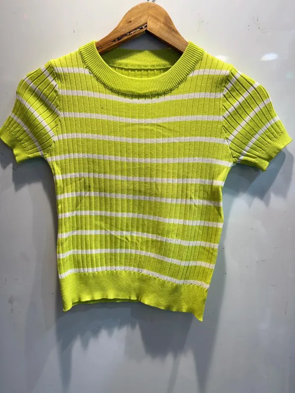 Yellow_White_Striped_Ribbed_Knit_Short_Sleeve_Top_For_Women