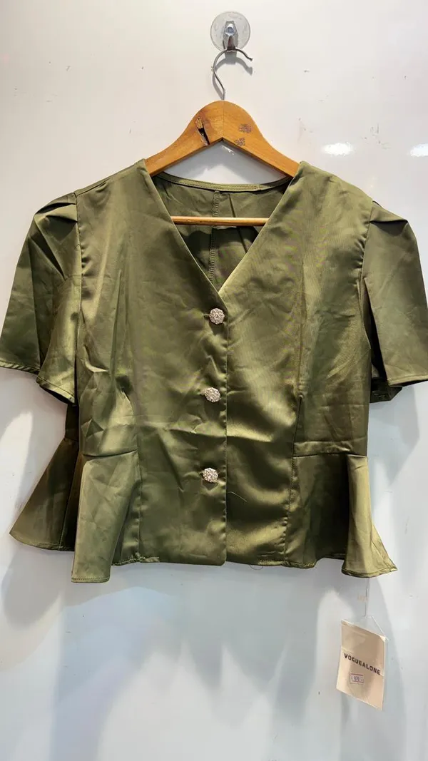 Olive_Green_Satin_Peplum_Top_With_Button_Front