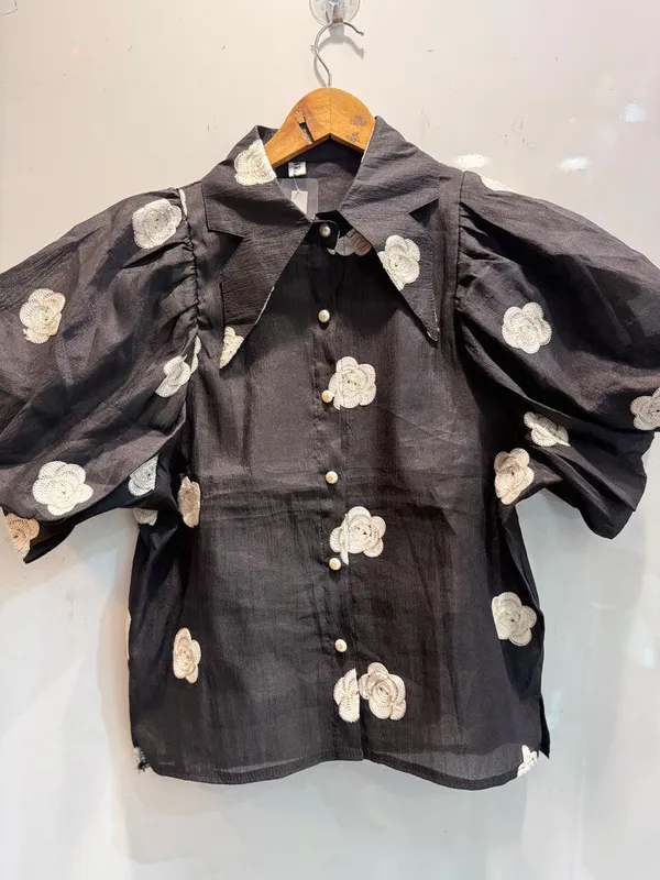 Black_Organza_Floral_Embroidered_Puff_Sleeve_Shirt_For_Women