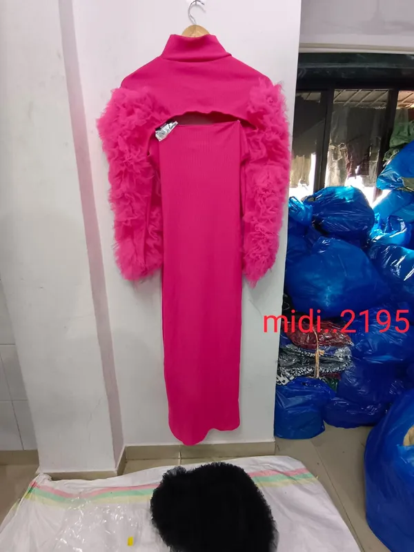 Hot_Pink_Ruffled_Sleeve_Midi_Dress_With_Shrug_For_Women