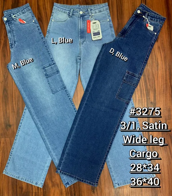 Blue_Satin_Wide_Leg_Cargo_Jeans_For_Women