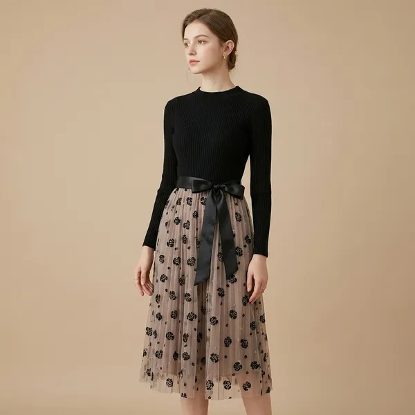 Black_And_Beige_Floral_Print_Long_Dress_For_Women