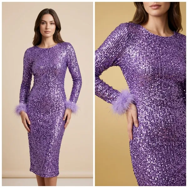 Purple_Sequin_Long_Sleeve_Midi_Dress_With_Feather_Cuffs