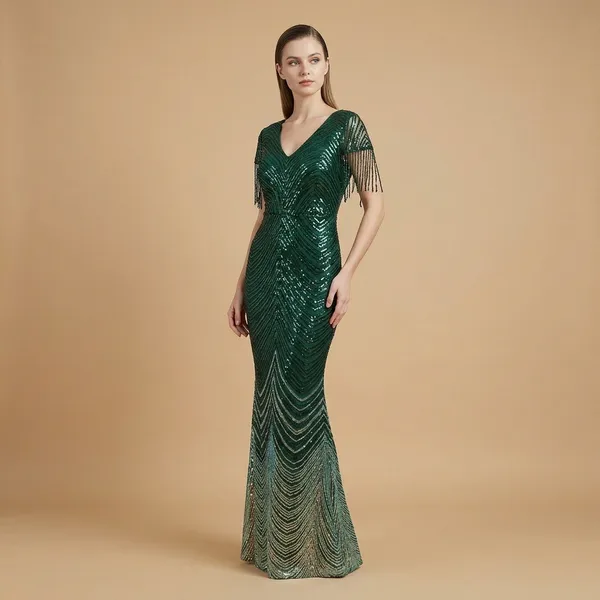 Green_Sequin_Embellished_Fringe_Sleeve_Mermaid_Gown_For_Women