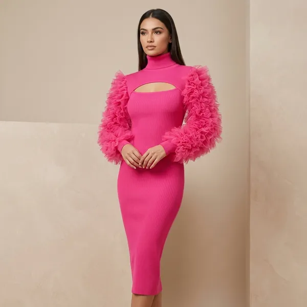 Hot_Pink_Ruffled_Sleeve_Midi_Dress_With_Shrug_For_Women