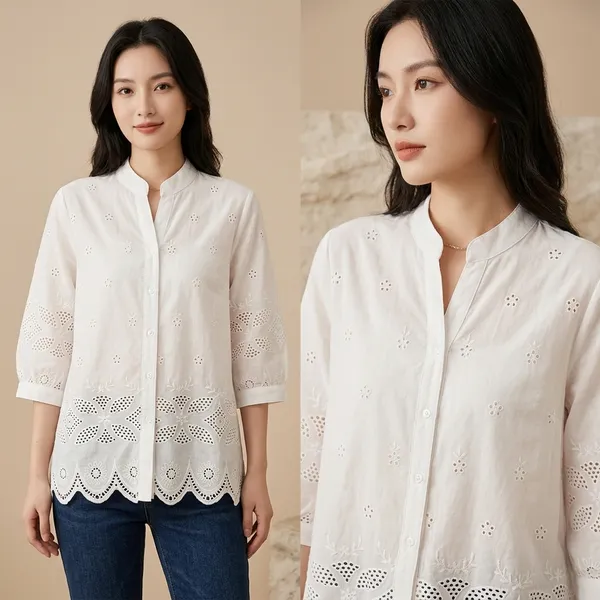 White_Cotton_Eyelet_Embroidered_Button_Down_Shirt_For_Women