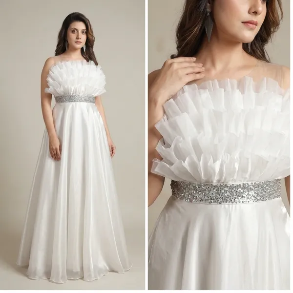 White_Satin_Strapless_Embellished_Waist_Gown_For_Women
