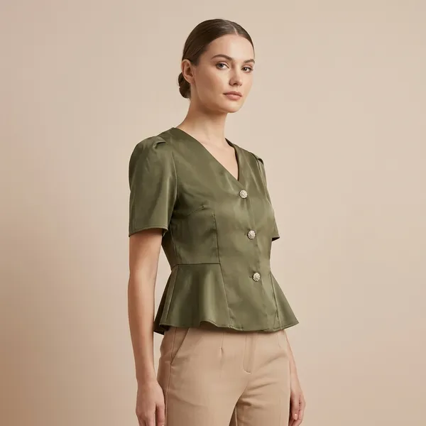 Olive_Green_Satin_Peplum_Top_With_Button_Front