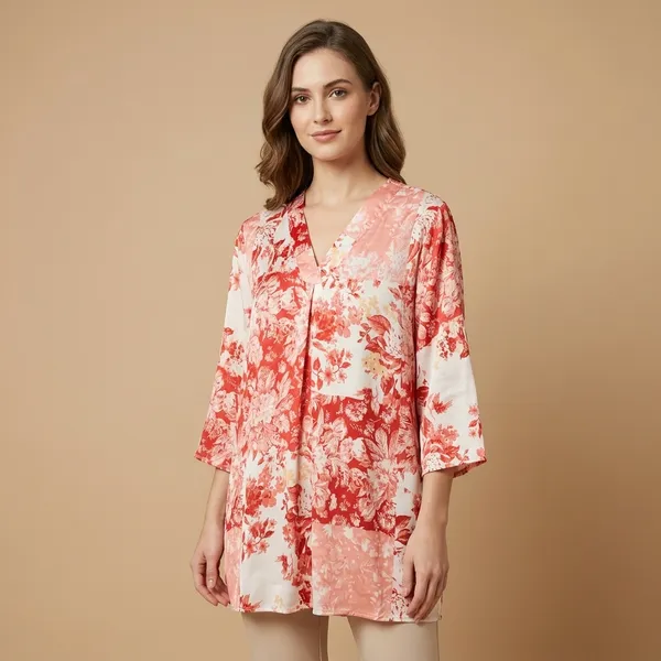 Pink_Floral_Print_V_Neck_Tunic_Top_For_Women