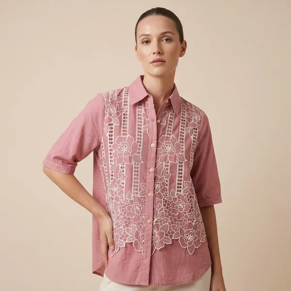 Pink_Floral_Lace_Overlay_Button_Down_Shirt_For_Women