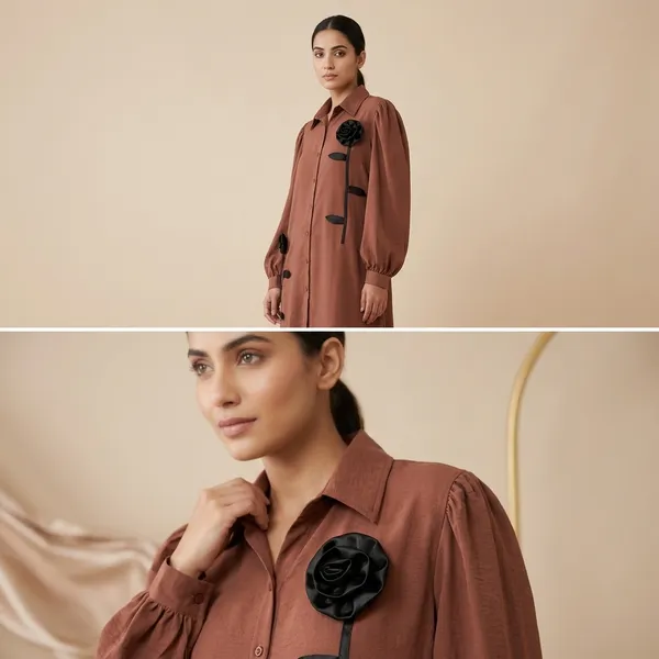 Brown_Satin_Shirt_Dress_With_Black_Floral_Embellishments