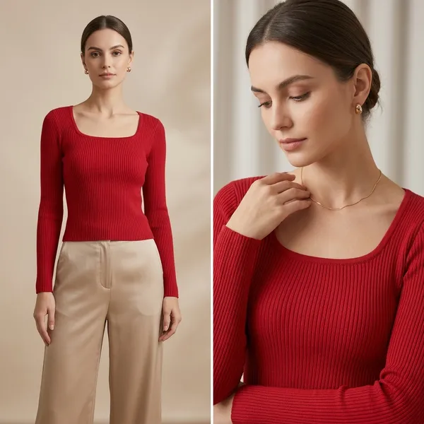 Red_Ribbed_Knit_Long_Sleeve_Top_For_Women